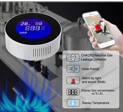 Wi-Fi Smart Natural Gas Detector - Digital LCD Temperature Display Gas Sensor for Home Kitchen